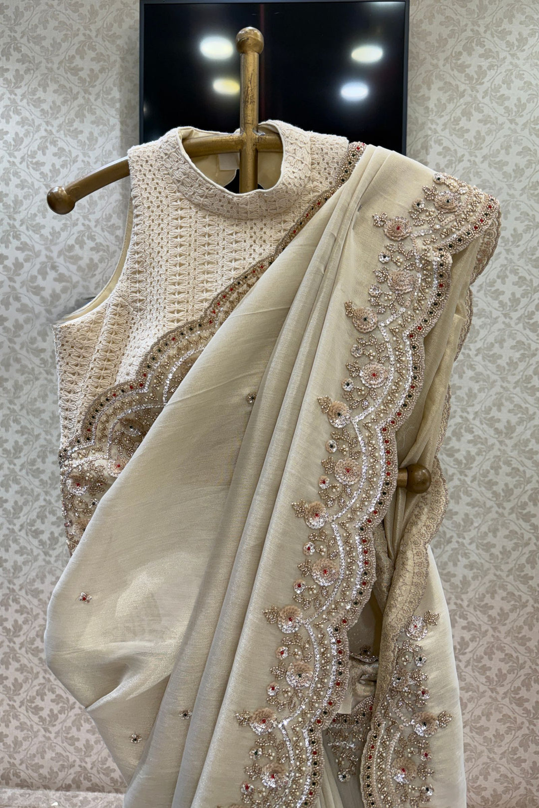 Beige Saree with Intricate Pearl, Sequins and Beads work