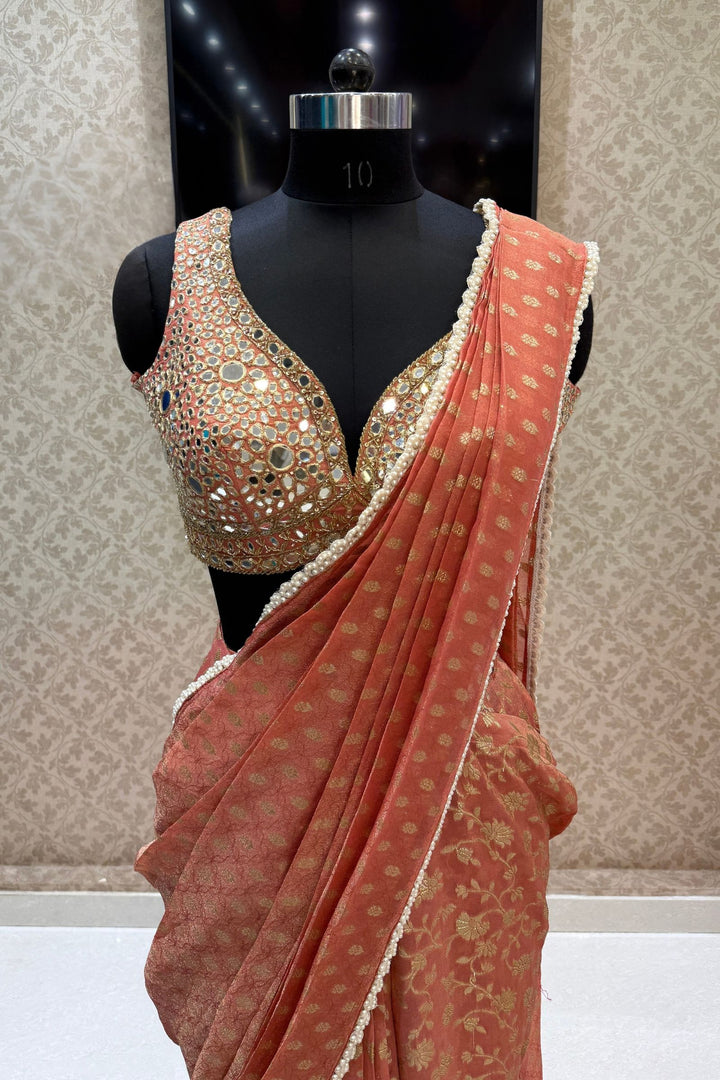 Rust Orange Readymade Banaras work Saree with Mirror work Readymade Blouse