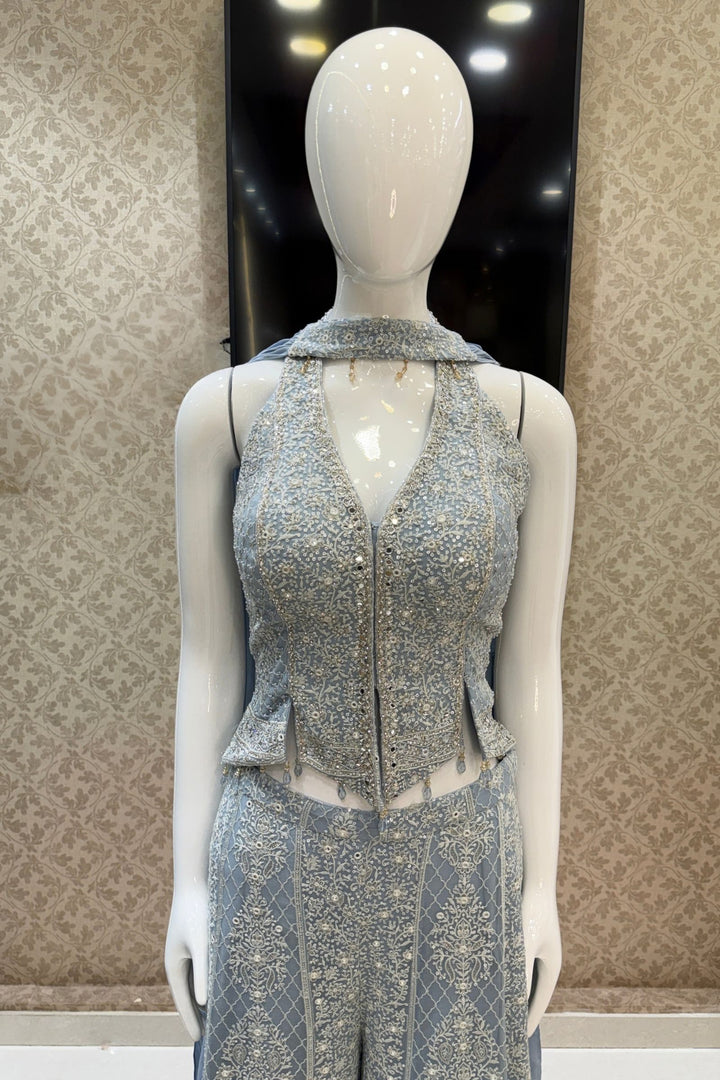 Sky Blue Halter Neck Palazzo Set with Chikankari, Beads, Sequins, Mirror and Stone Detailing