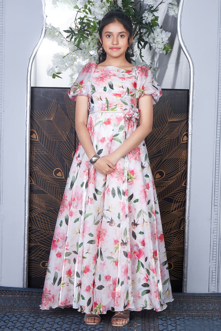 White Stone work with Floral Print Long Party Gown for Girls