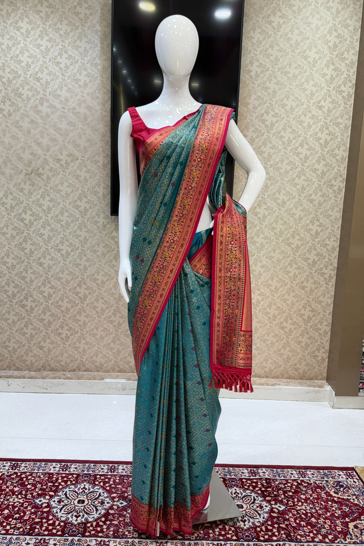 Rama Blue with Rani Pink Banaras work Saree