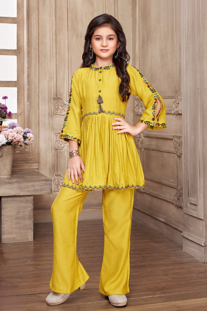 Mustard with Thread Weaving work Peplum Style Parallel Pant Set for Girls