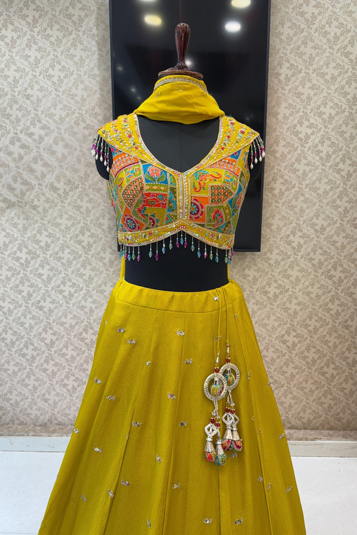 Liril Green Zardozi, Stone and Beads work with Multicolor Digital Print Crop Top Lehenga