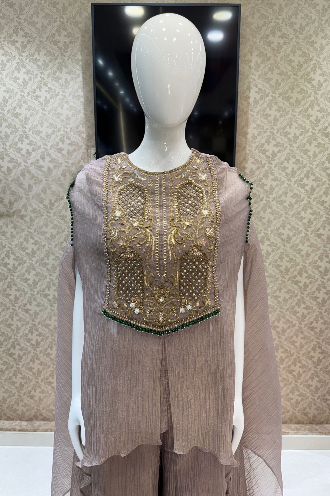 Lilac Indo-Western Styled Beads, Zardozi and Sequins work Palazzo Set