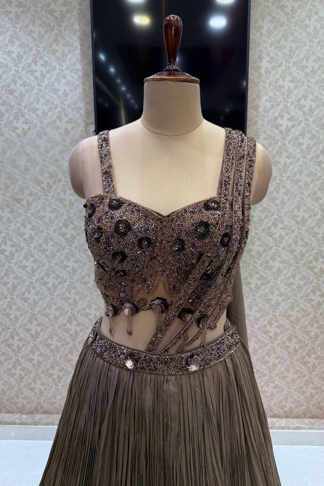 Brown Beads and Sequins work Indo-Western Style Lehenga Set