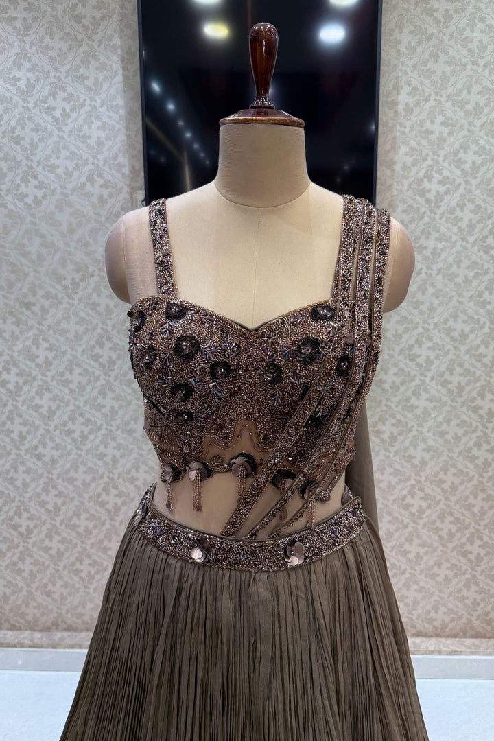 Brown Beads and Sequins work Indo-Western Style Lehenga Set