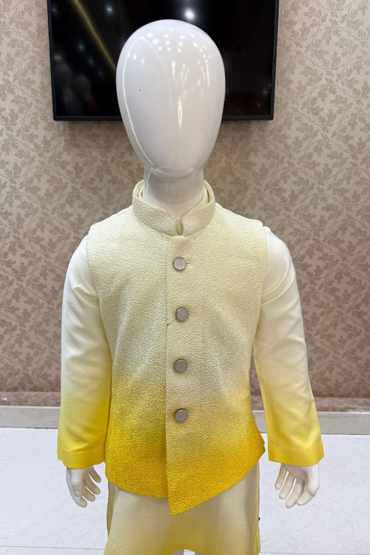 Lemon Yellow Shaded Thread and Sequins work Waist Coat Kurta Set for Boys
