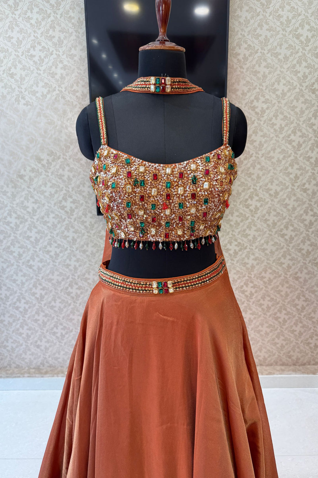 Rust Stone, Beads and Sequins work Crop Top Lehenga