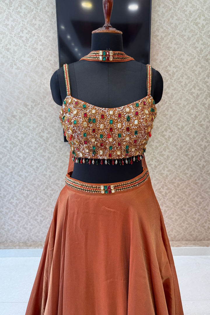 Rust Stone, Beads and Sequins work Crop Top Lehenga