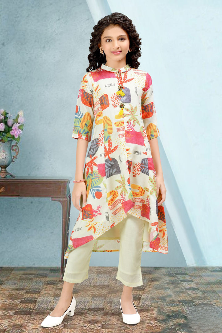 Cream with Multicolor Digital Print Salwar with Pant for Girls