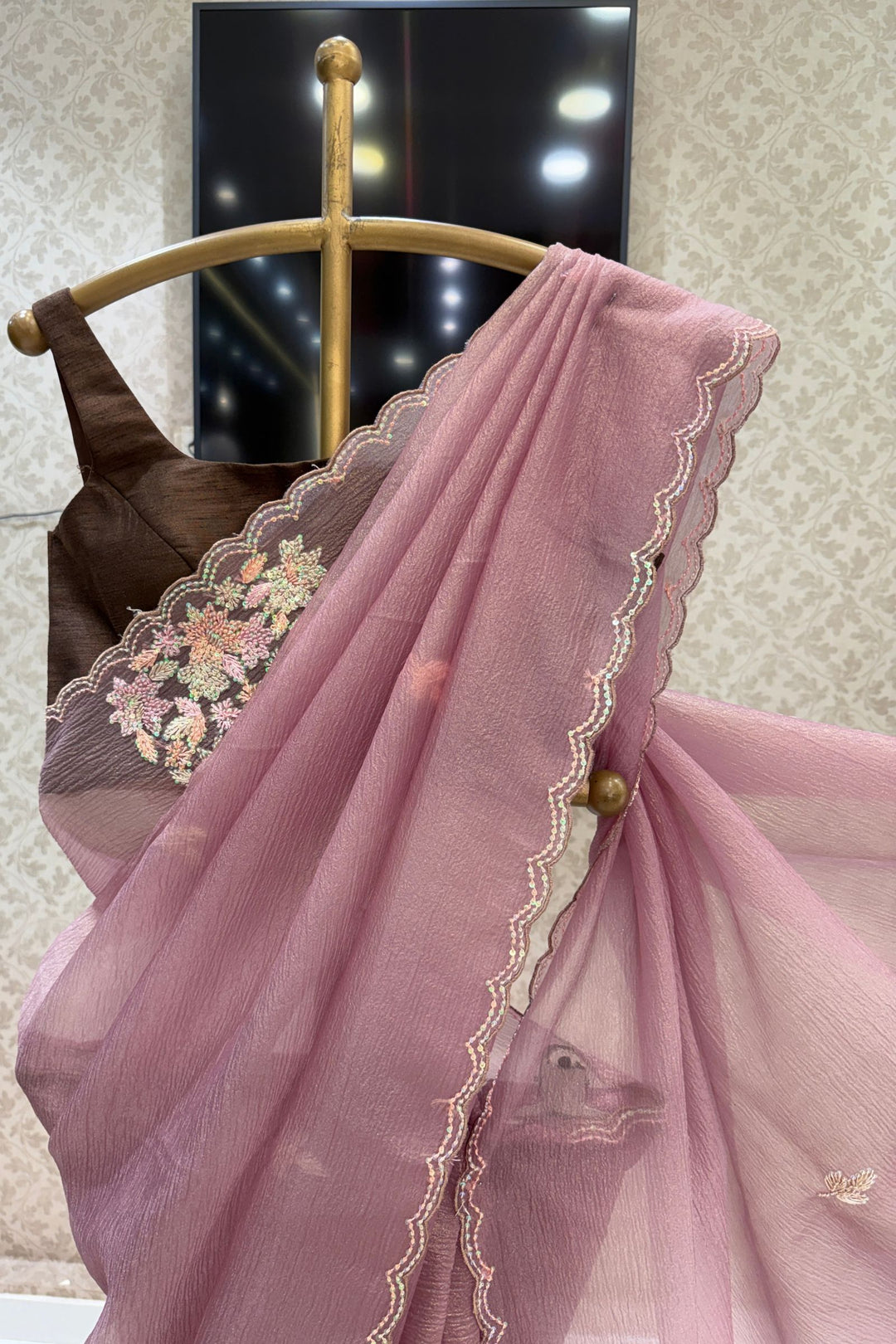 Light Brown Saree Featuring Embroidery and Sequins work