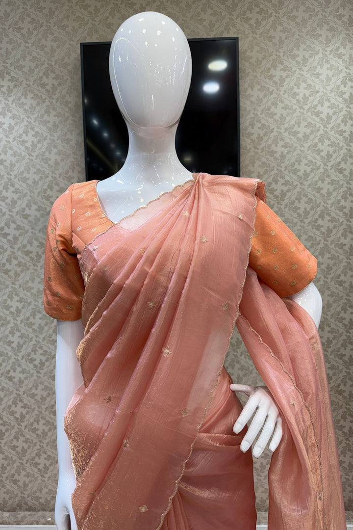 Peach Shimmer Tissue Saree with Scalloped Zari Border