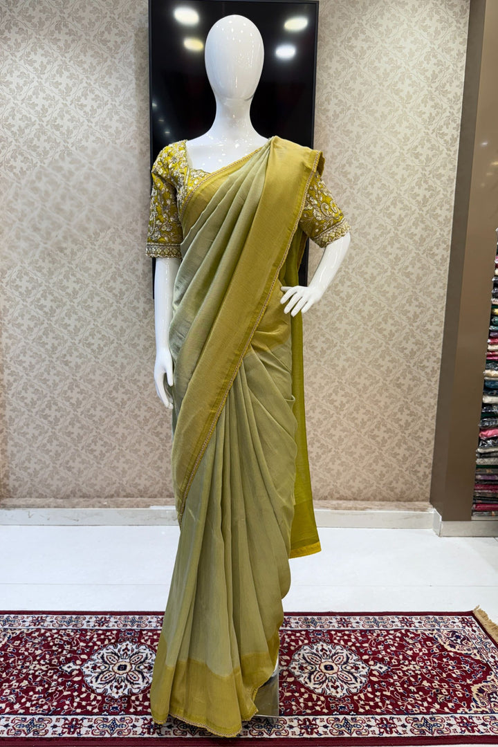 Pista Green Saree with Beads, Sequins, Zardozi and Zari work Readymade Blouse