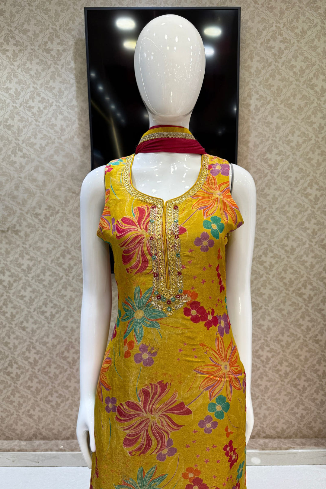 Yellow Zardozi, Beads, Sequins and Stone work with Floral Print Straight Cut Salwar Suit