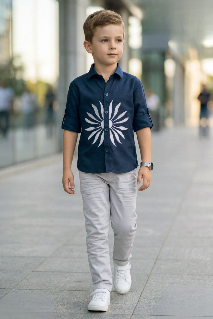 Navy Blue Thread work Shirt and Grey Pant Set for Boys