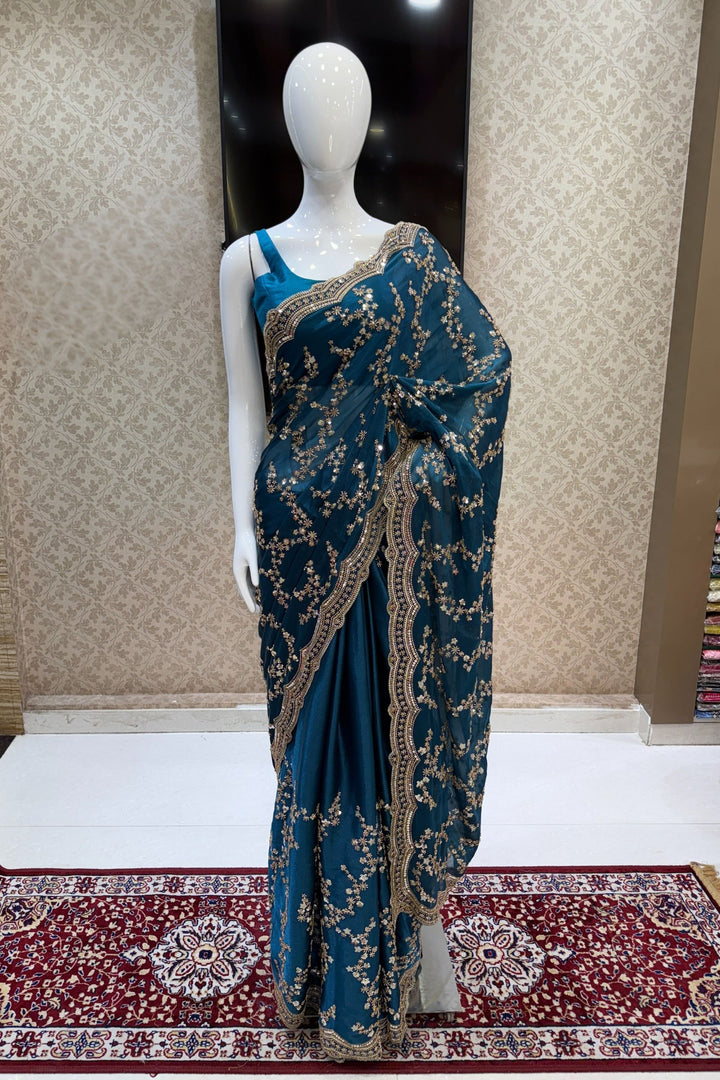 Teal Blue Beads, Zari and Sequins work Saree