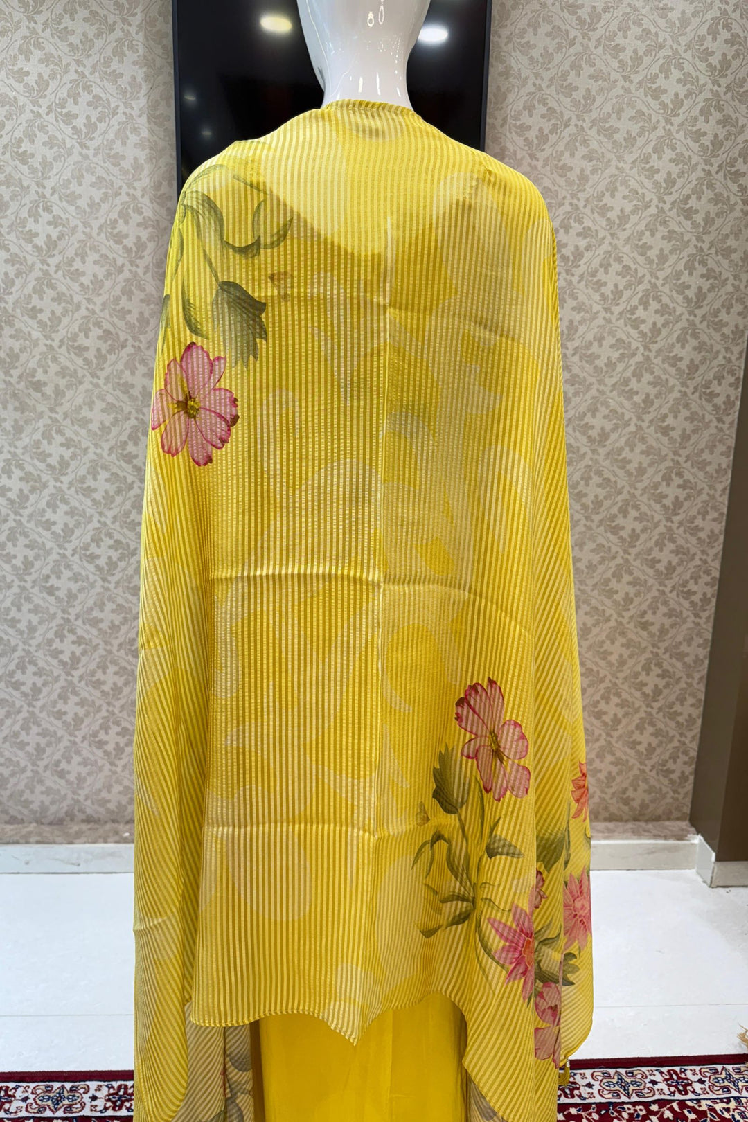 Lemon Yellow Multicolor Embroidery work with Digital Print Cape, Crop Top and Cowl Skirt