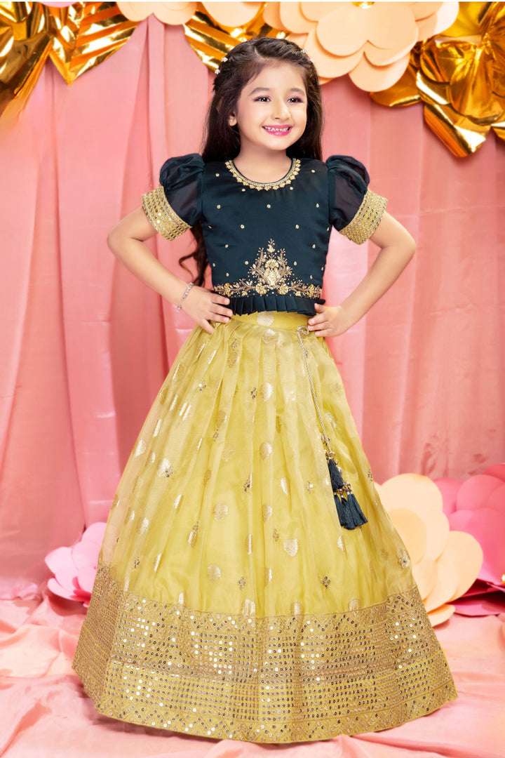 Bottle Green with Lemon Yellow Stone, Zardozi, Zari and Thread work Lehenga Choli for Girls