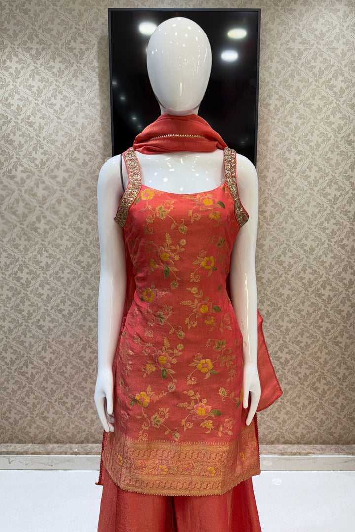 Orange Zari, Beads, Sequins, Zardozi, Stone and Jacquard work Palazzo Salwar Suit