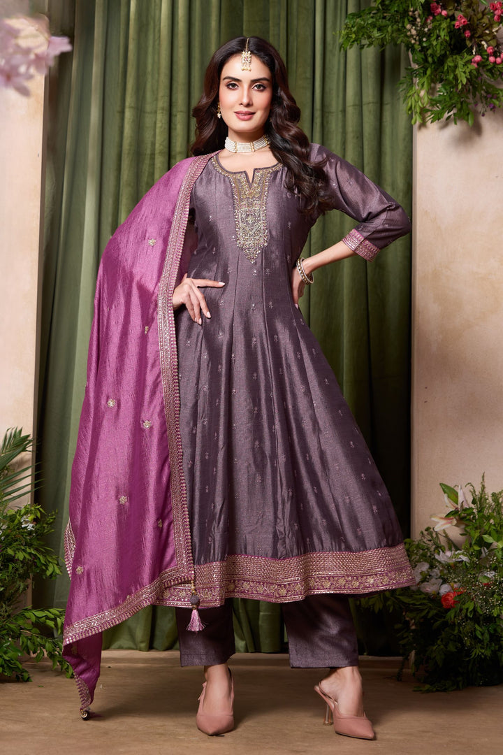 Grey Beads, Zardozi, Thread, Sequins, Stone and Zari work A-line Cut Salwar Suit