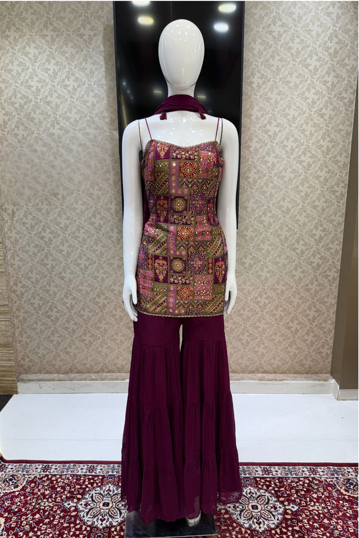 Wine Stone, Mirror and Banaras work with Digital Print Sharara Salwar Suit