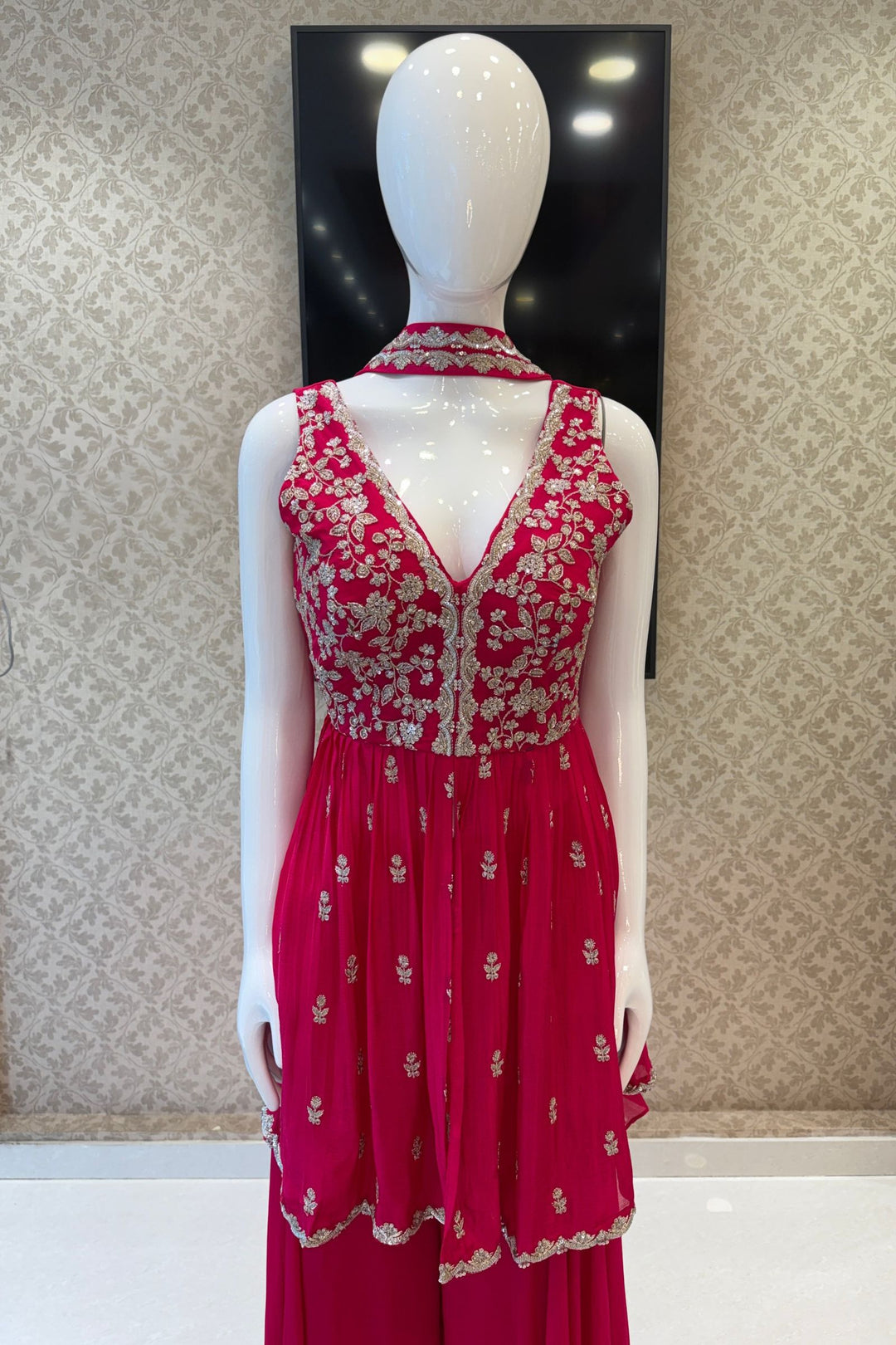 Rani Pink Flowy Palazzo with Zari, Sequins and Beads work with Choker Dupatta