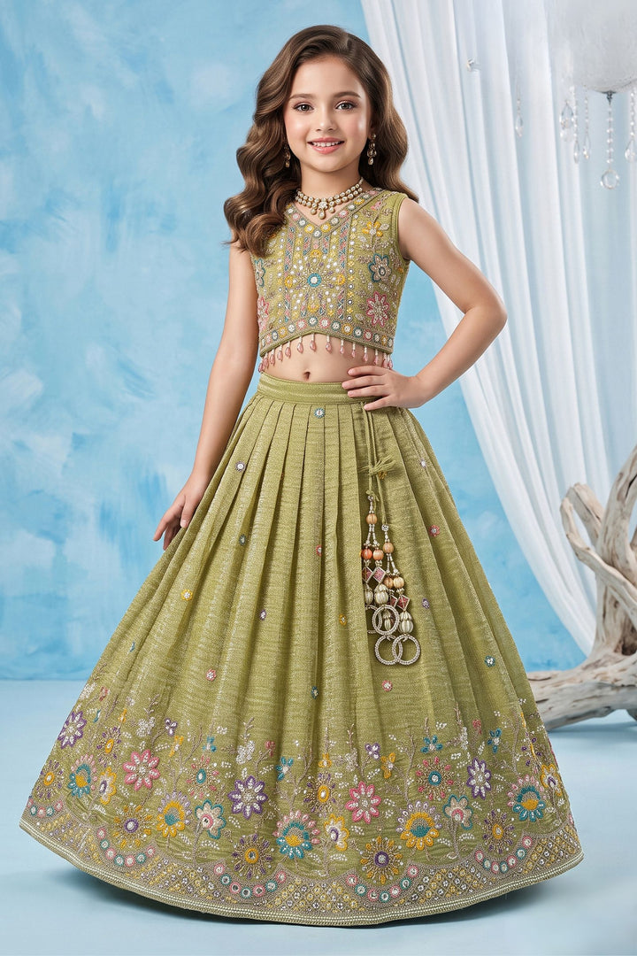 Pista Green Embroidery, Zari, Sequins and Beads work Lehenga Choli for Girls