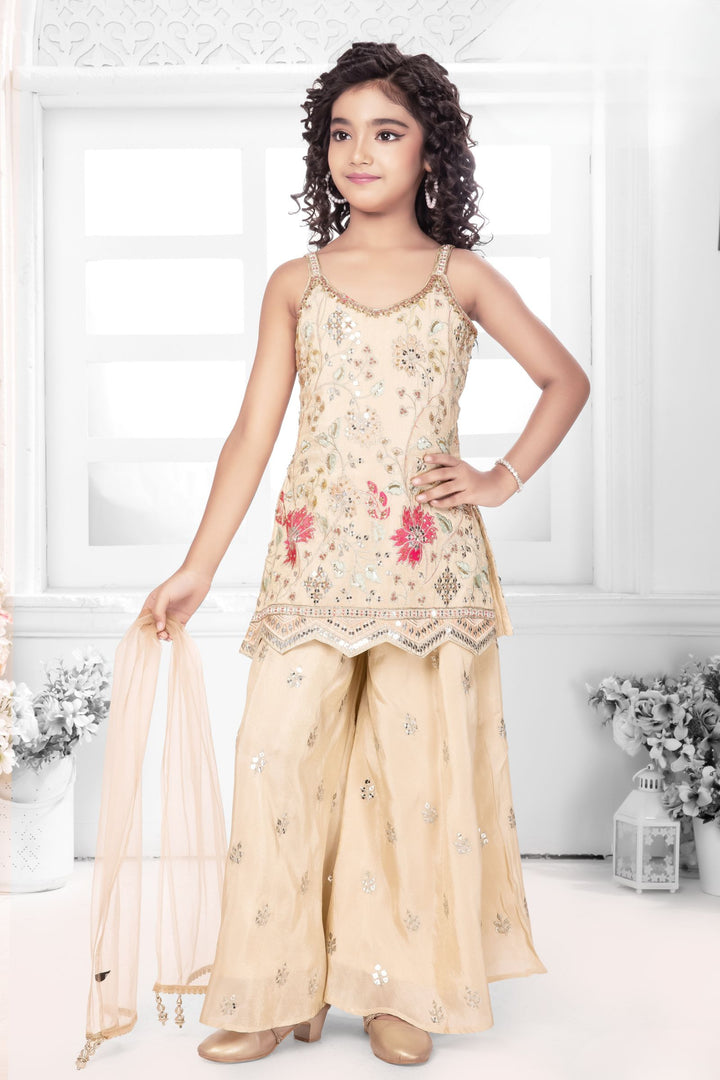 Beige Multicolor Embroidery, Sequins, Zari and Beads work Palazzo Set For Girls