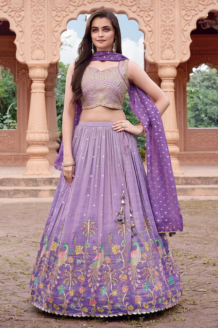 Lavender Mirror, Zari and Sequins work with Digital Print Lehenga Choli for Girls