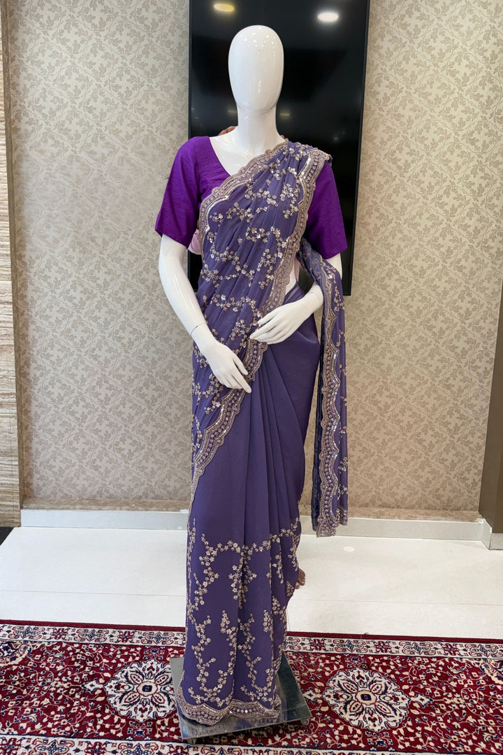 Purple Sequins, Beads and Zari work Saree