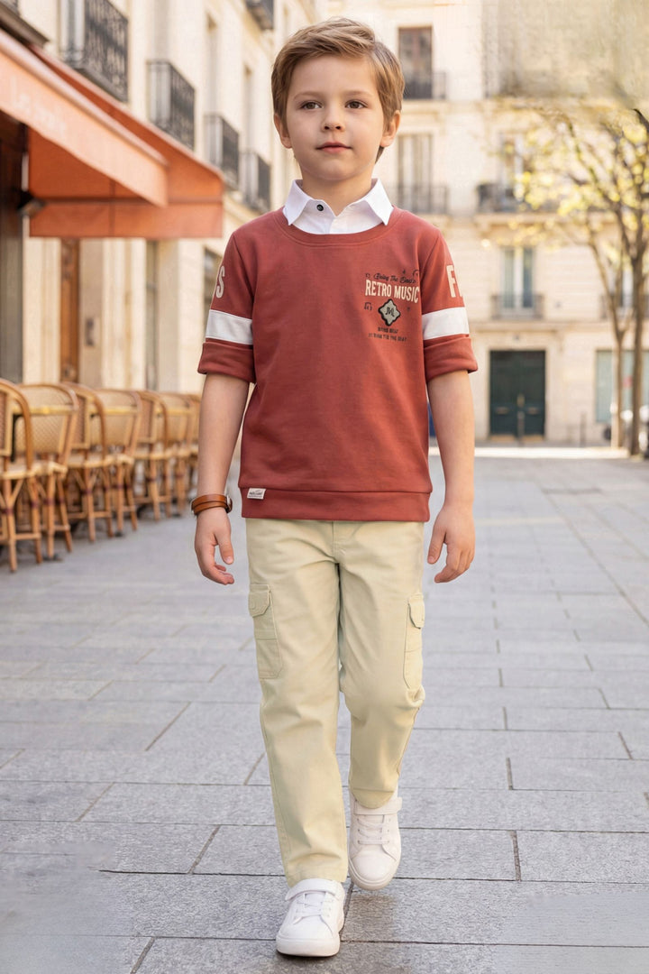 Rust T-Shirt and Beige Pant Set for Boys with Belt