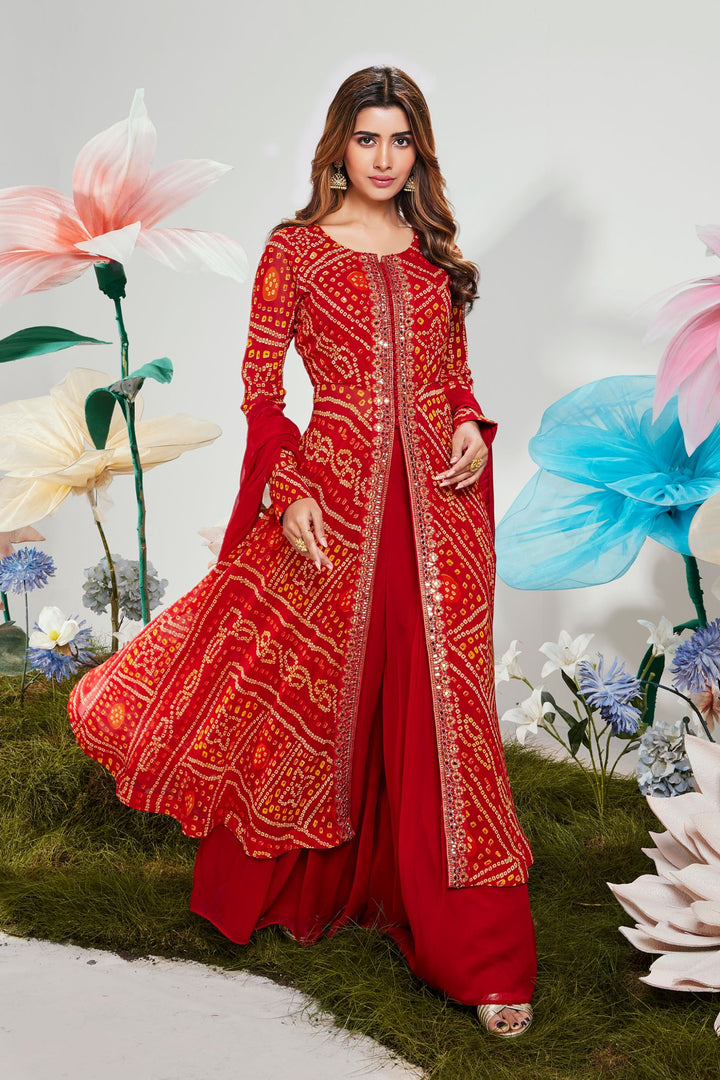 Red Mirror, Zari and Sequins work with Bandini Print Salwar Suit with Palazzo Pants