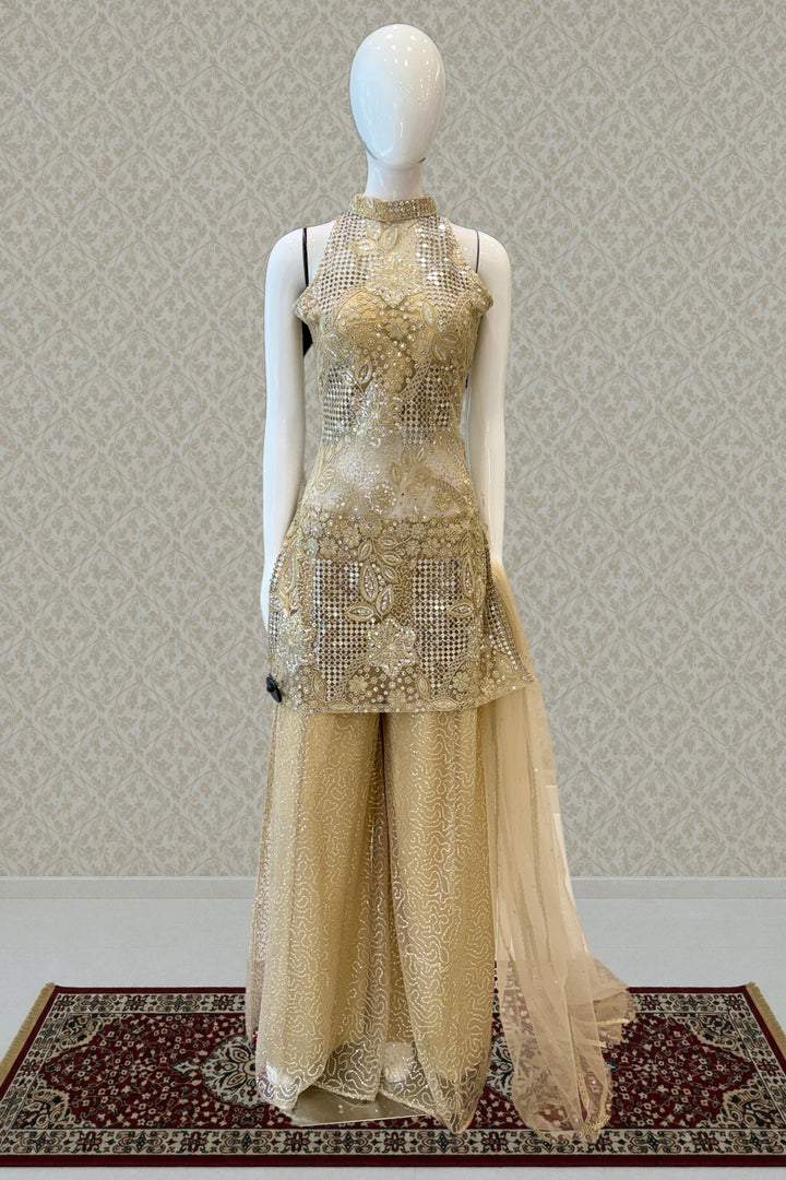Gold Halter Neck Palazzo Salwar Suit with Sequins, Zari and Embroidery Detailing
