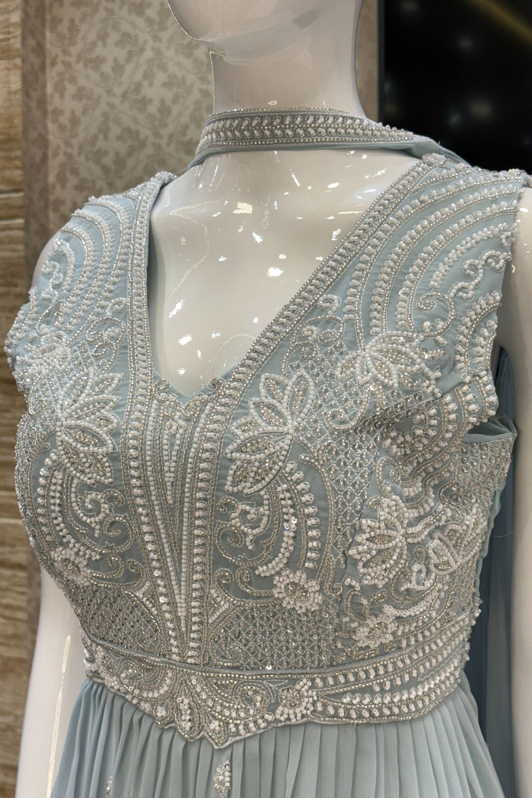 Sky Blue Beads, Sequins and Thread work Peplum Top with Sharara Suit Set