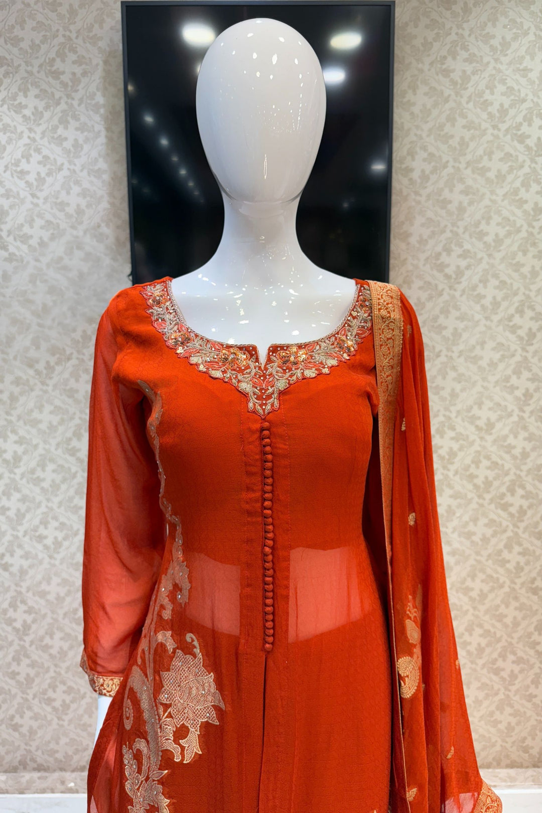 Orange Banaras, Stone, Zardozi, SEquins, Beads and Zari work Straight Cut Salwar Suit