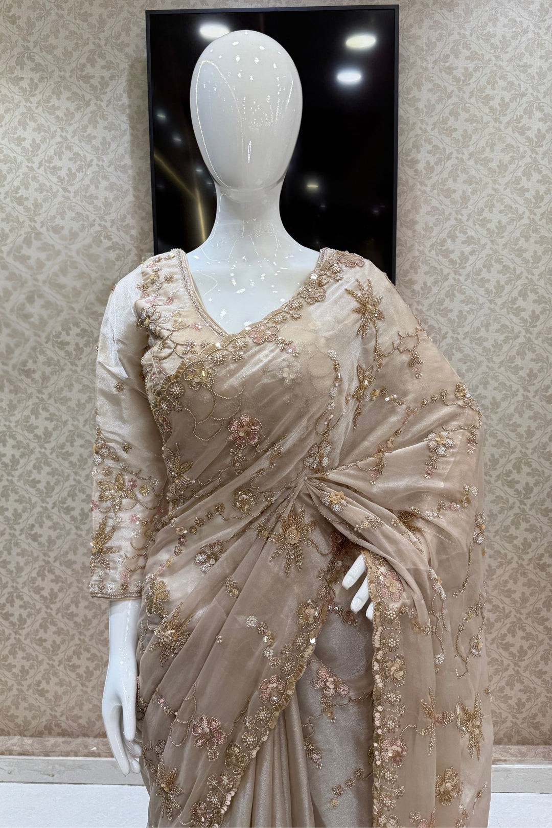 Light Beige Sequins, Beads, Zari and Pearls work Saree