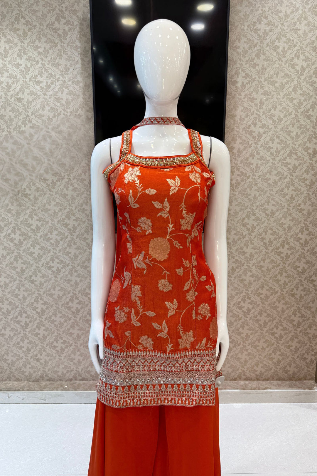 Orange Banaras Zari, Mirror, Zardozi, Sequins, Stone and Beads work Palazzo Salwar Suit