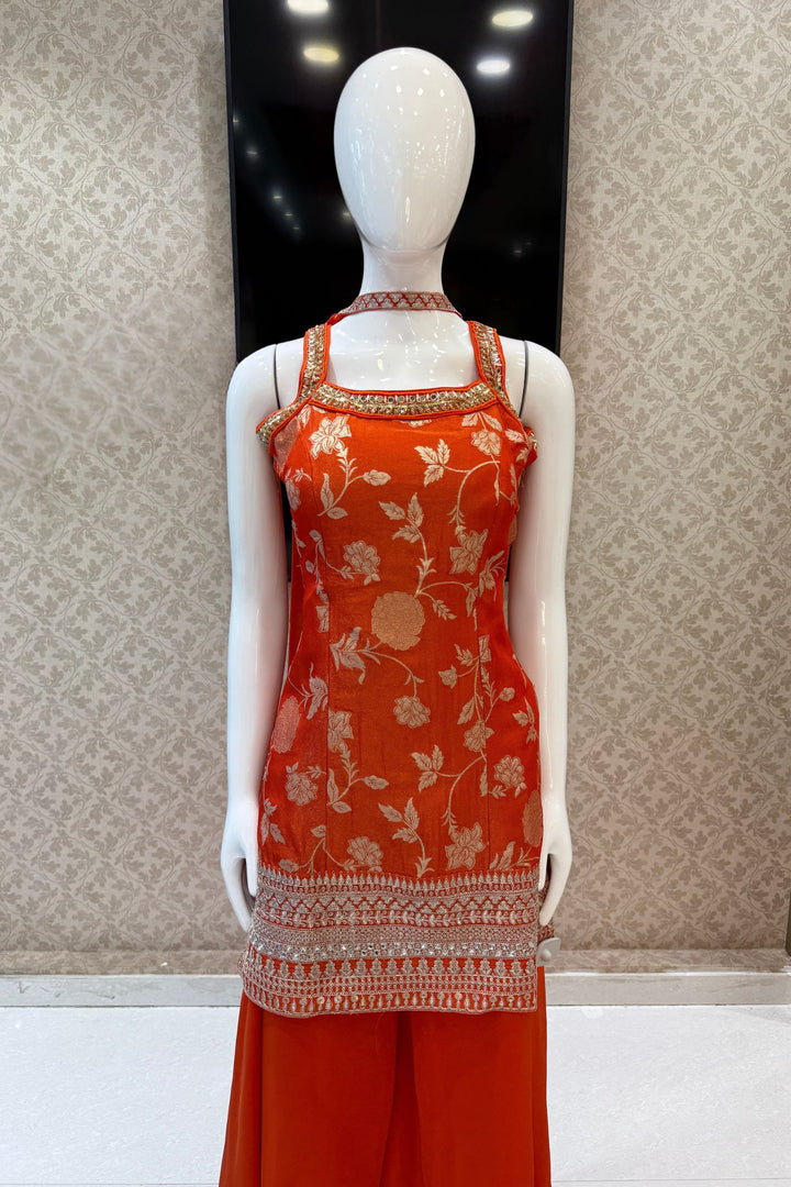 Orange Banaras Zari, Mirror, Zardozi, Sequins, Stone and Beads work Palazzo Salwar Suit