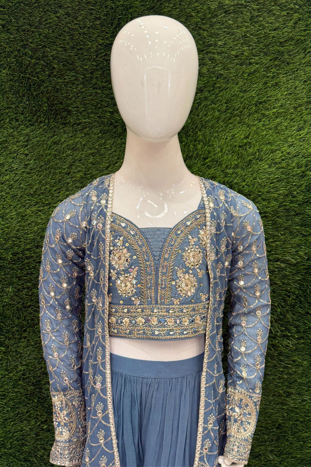 Grey Sequins, Mirror, Zari and Stone work Overcoat Styled Palazzo Set For Girls