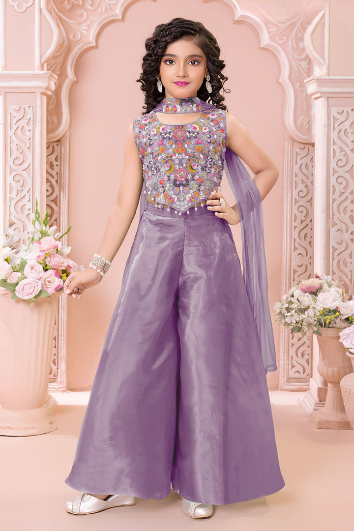 Lavender Sequins, Beads and Multicolor Embroidery work Palazzo Suit Set for Girls