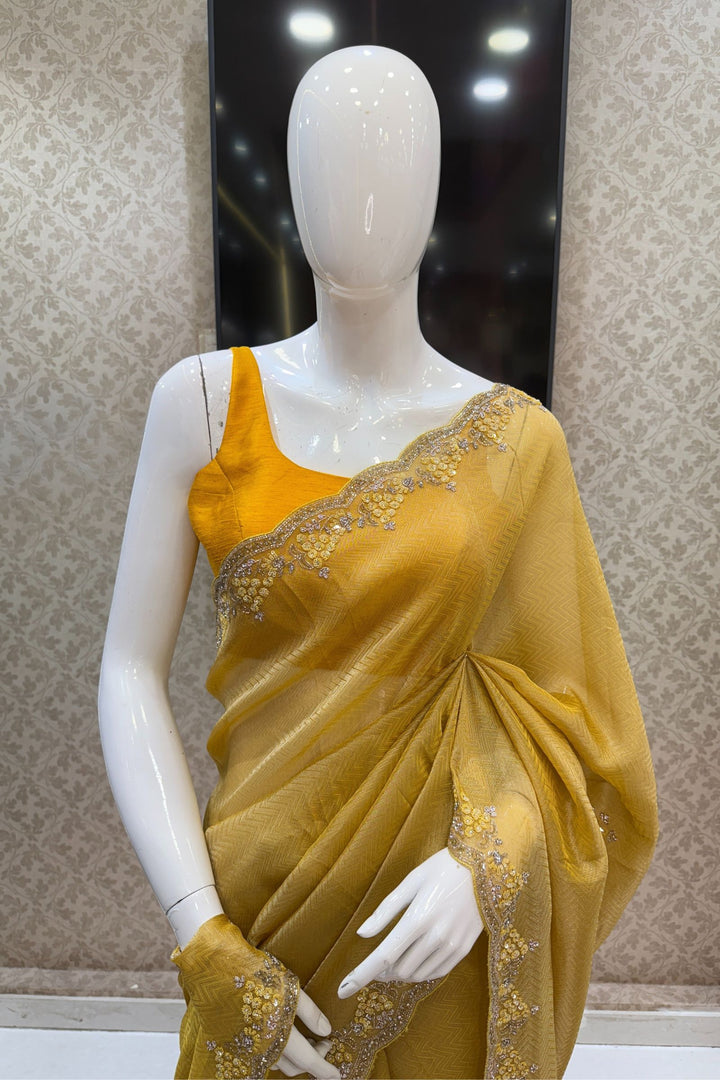 Yellow Beads, Stone, Zardozi, Sequins and Pearl work Saree