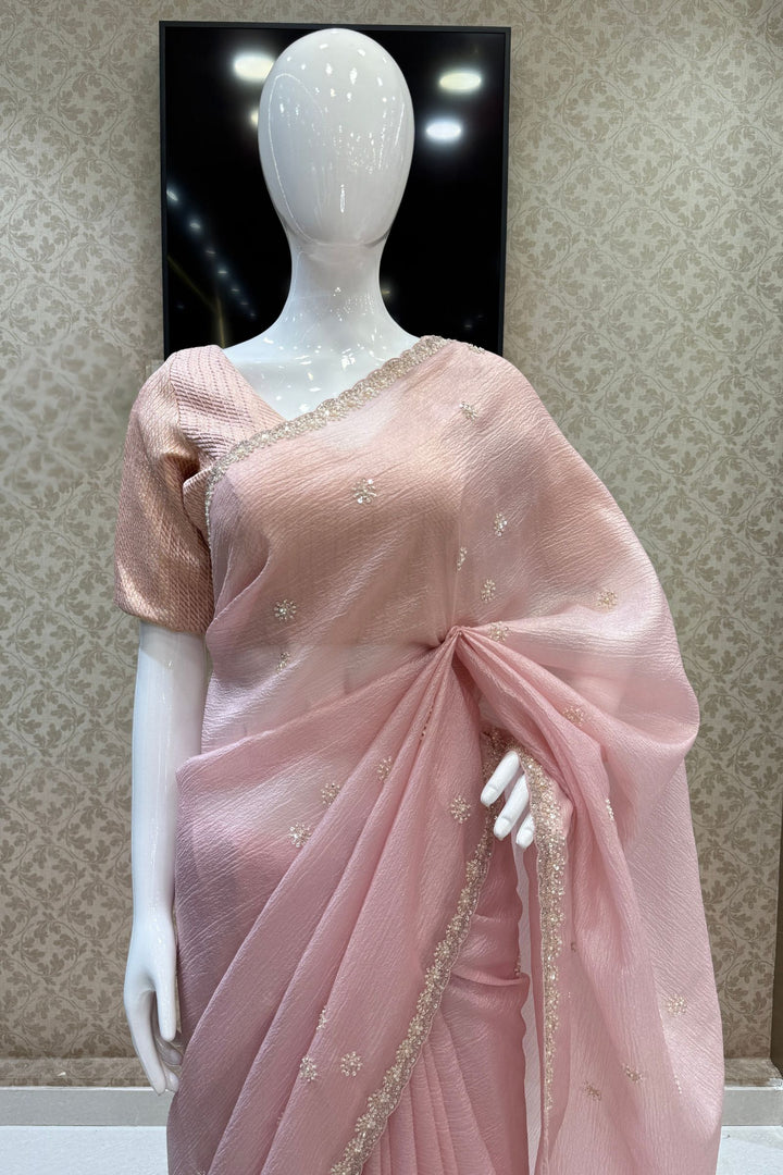 Baby Pink Saree with Sequins, Pearl and Beads work