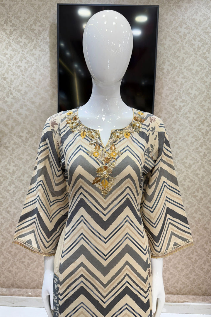 Cream Sequins, Beads and Zardozi work with Zig Zag Stripes Straight Cut Salwar Suit