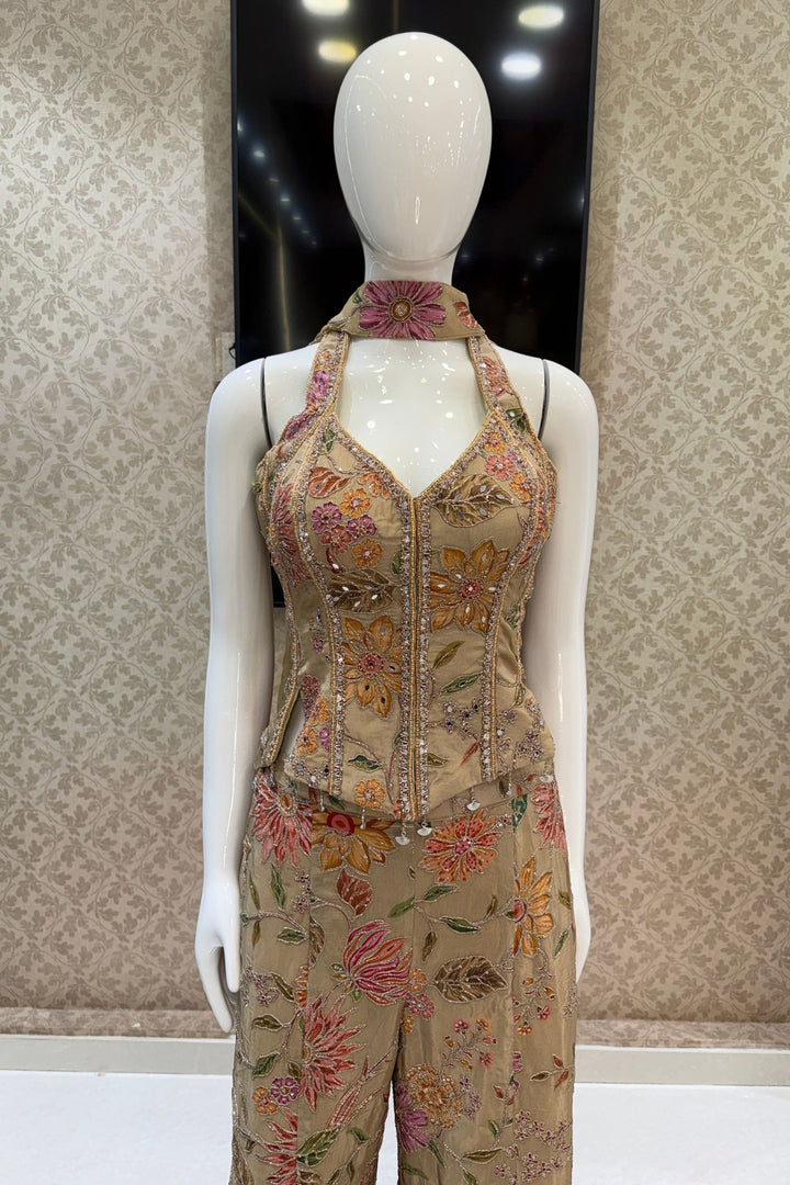 Beige Halter Neck Palazzo Set with Zardozi, Zari, Beads, Sequins, Stone and Mirror Detailing (Copy)