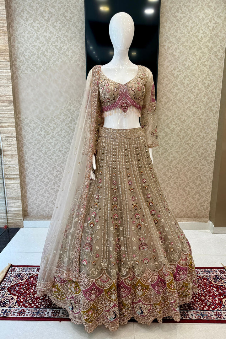 Chiku Beads, Sequins and Embroidery work Crop Top Designer Bridal Lehenga
