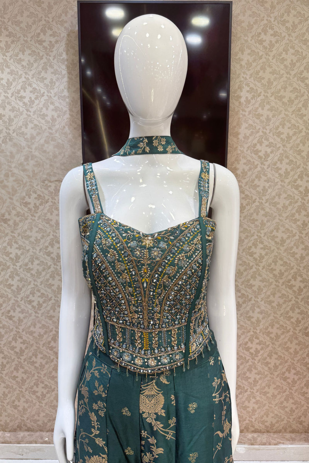 Green Zardozi, Mirror, Beads, Sequins, Thread, Zari and Stone work Palazzo Suit Set