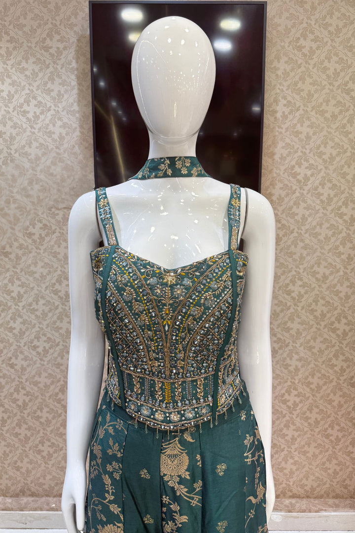 Green Zardozi, Mirror, Beads, Sequins, Thread, Zari and Stone work Palazzo Suit Set