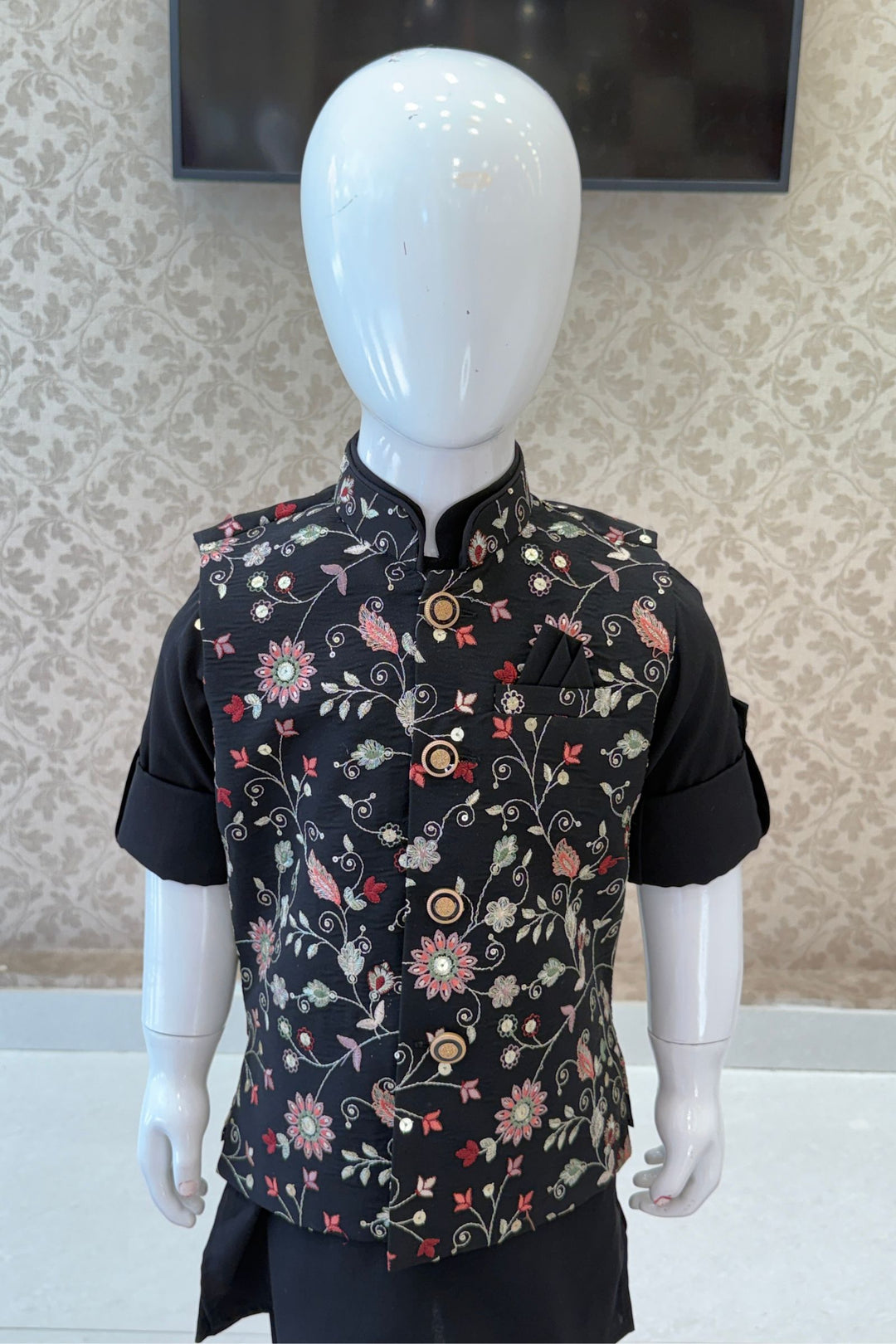 Black Zari, Sequins and Multicolor Thread work Waist Coat Kurta Set for Boys