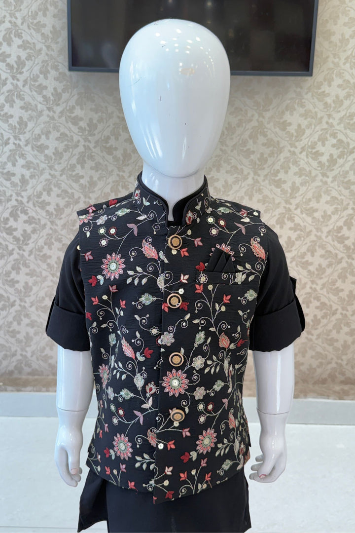 Black Zari, Sequins and Multicolor Thread work Waist Coat Kurta Set for Boys