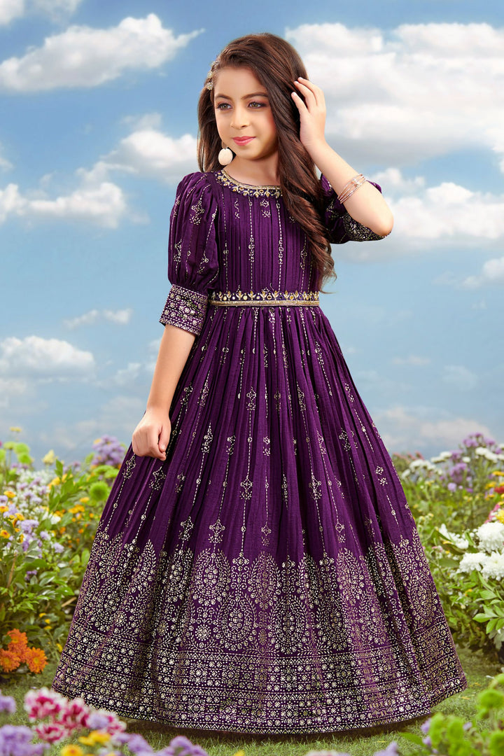 Purple Zardozi, Stone and Mirror work Long Party Gown for Girls